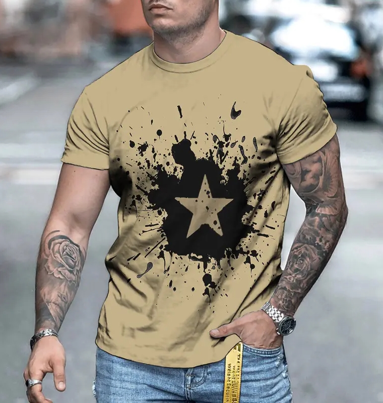 3D Printing Men’s Casual Short Sleeve Round Neck Colorful Jerseys(Olive Five Point Star)