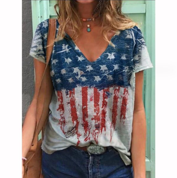 Women V-neck Casual T-shirt Customized Latest Design Women Casual Streetwear(American Flag) Women V-neck Casual T-shirt Customized Latest Design Women Casual Streetwear(American Flag)
