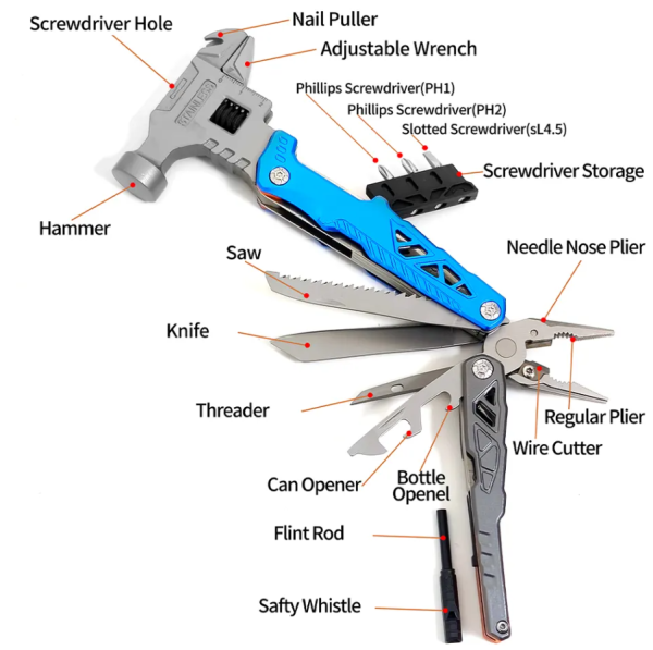 Outdoor Camping Survival Wrench Hammer Metal Stainless Steel Multi Function Folding Mace Pliers Tool Customized Pouch