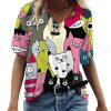 Casual Tees Tops V Neck Loose Women Short Sleeve(Colorful Cat)