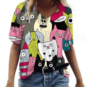 Casual Tees Tops V Neck Loose Women Short Sleeve(Colorful Cat)