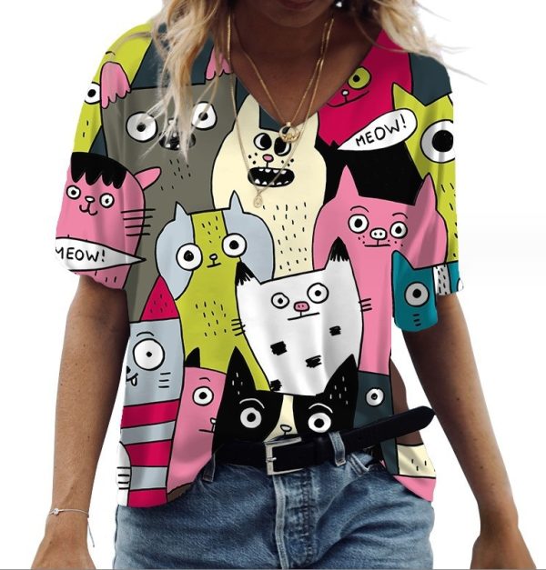 Casual Tees Tops V Neck Loose Women Short Sleeve(Colorful Cat)