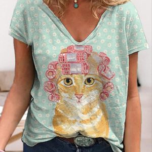 Casual Tees Tops V Neck Loose Women Short Sleeve(Flower Cat)