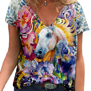 Casual Tees Tops V Neck Loose Women Short Sleeve(Flower Horse)
