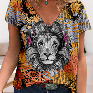 Casual Tees Tops V Neck Loose Women Short Sleeve(Flower Lion)