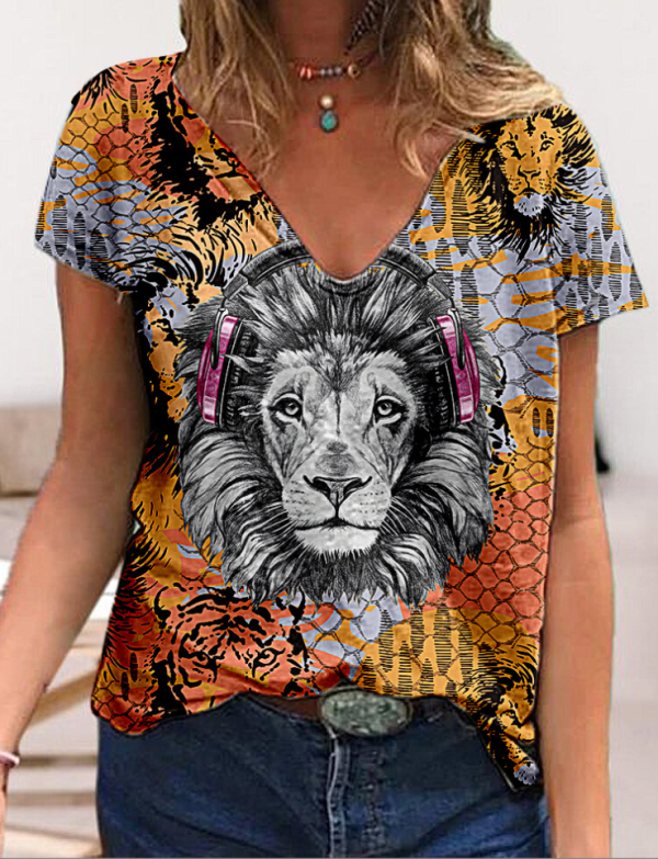 Casual Tees Tops V Neck Loose Women Short Sleeve(Flower Lion)
