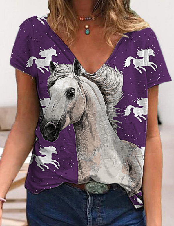 V-neck 3D Printing Tshirts For Women Girls Summer Short Sleeve(Cute Horse) V-neck 3D Printing Tshirts For Women Girls Summer Short Sleeve(Cute Horse)