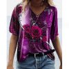 Women Short Sleeve Butterfly Screen Print Embroidery Shiny Flash Women T Shirt (Flower purple)