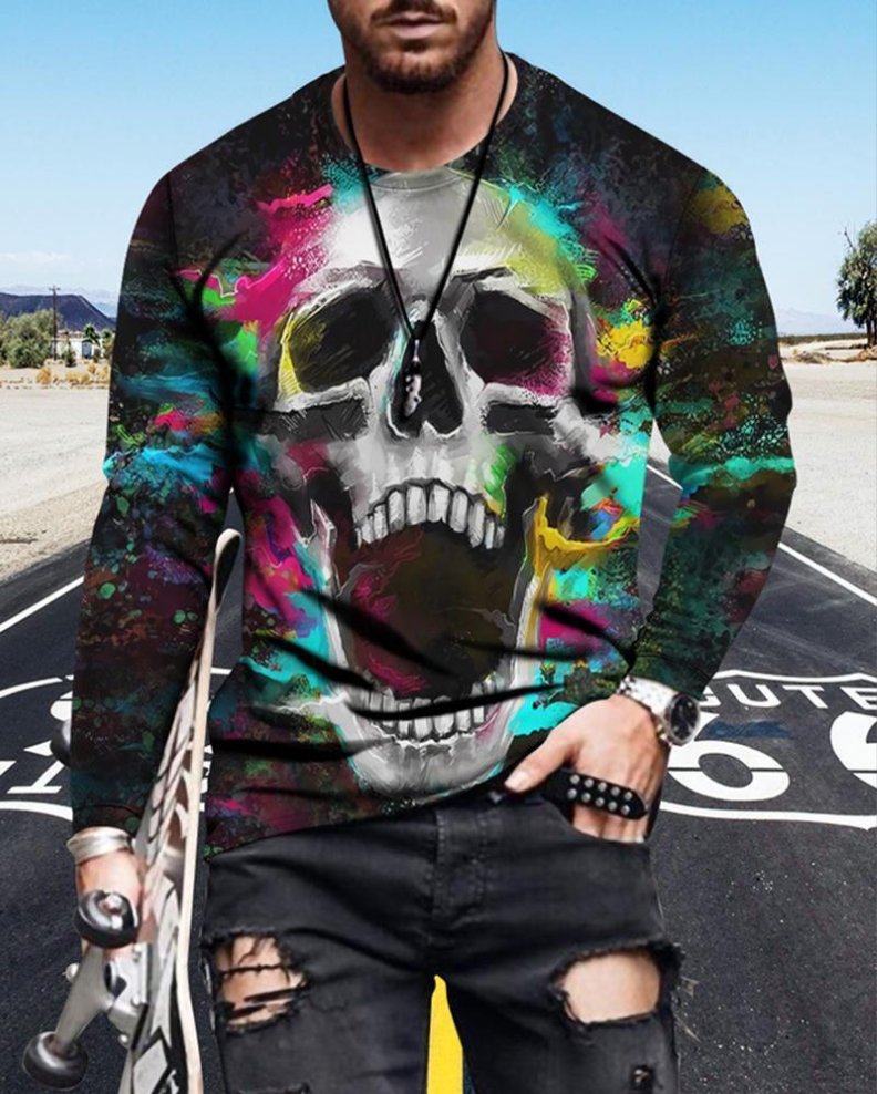 Cheap Men’s 3D Digital Skull Printing Long Sleeve Party Casual Social Shirt Top