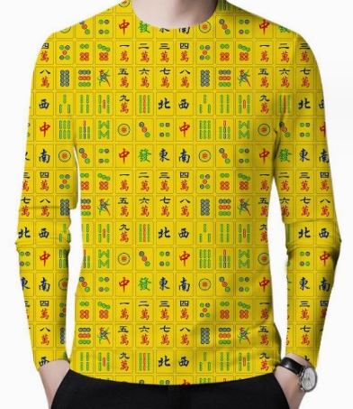 Cheap Men’s 3D Digital Mahjong Printing Long Sleeve Party Casual Social Shirt Top(Yellow Color)