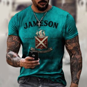 3D digital T-shirt printed with James Irish whiskey for men's casual sports 3D short sleeves (green)