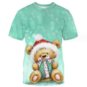 (Green)Christmas bear Shirt Round neck Graphic Shirts 3d Sublimation T Shirt Unisex Printed Oversized T-shirt