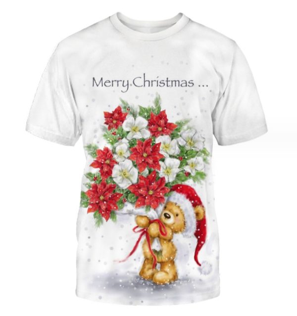 (White)Christmas flowers Shirt Round neck Graphic Shirts 3d Sublimation T Shirt Unisex Printed Oversized T-shirt