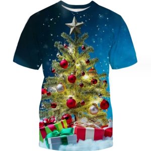 (Blue)Christmas Tree Shirt Round neck Graphic Short Sleeve 3d Sublimation T Shirt Unisex Printed Oversized T-shirt