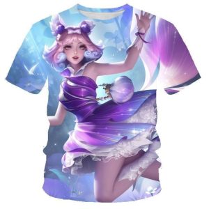 (Blue Cute Girl)3D digital printing Women's round collar casual short sleeves