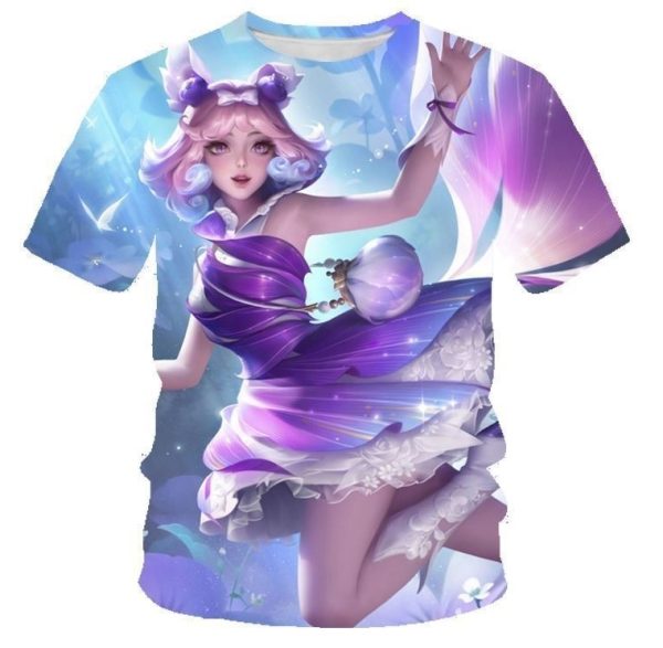 (Blue Cute Girl)3D digital printing Women's round collar casual short sleeves